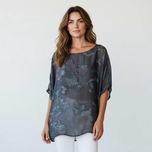 Dolce Regazza Silk Blend Sequins Two Layer Floral Print Grey Blue Pink Tunic